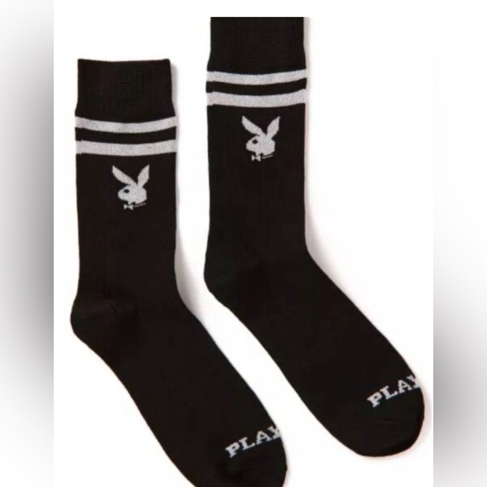 PLAYBOY Black and Grey Glitter Striped Crew Socks- NWT